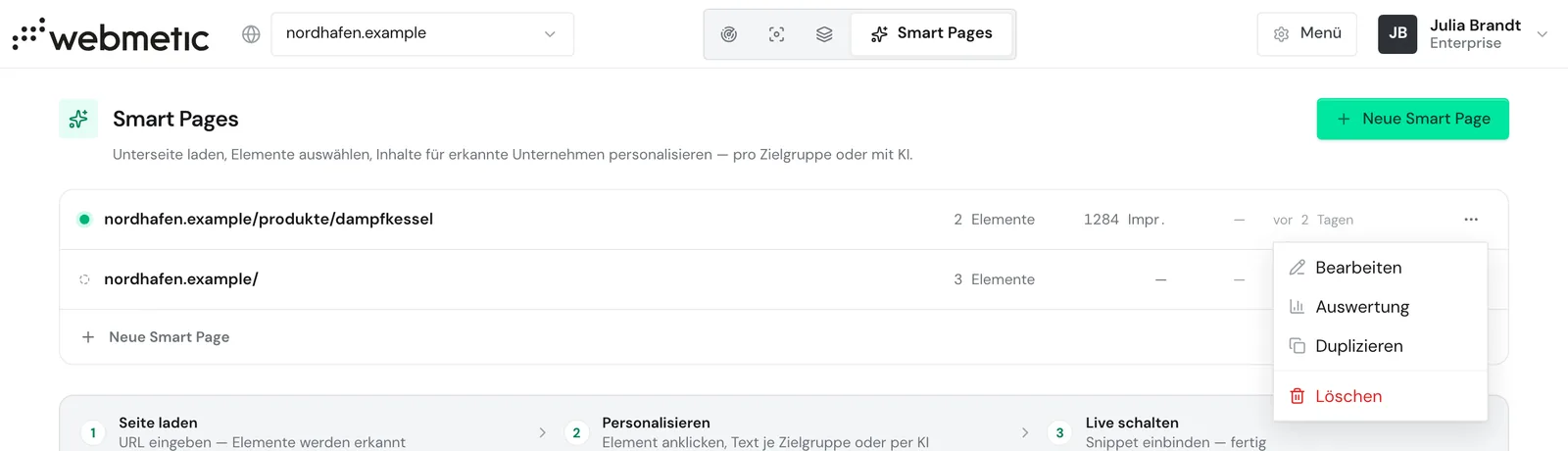 Die Liste der Smart Pages mit geöffnetem Menü und dem Eintrag Auswertung