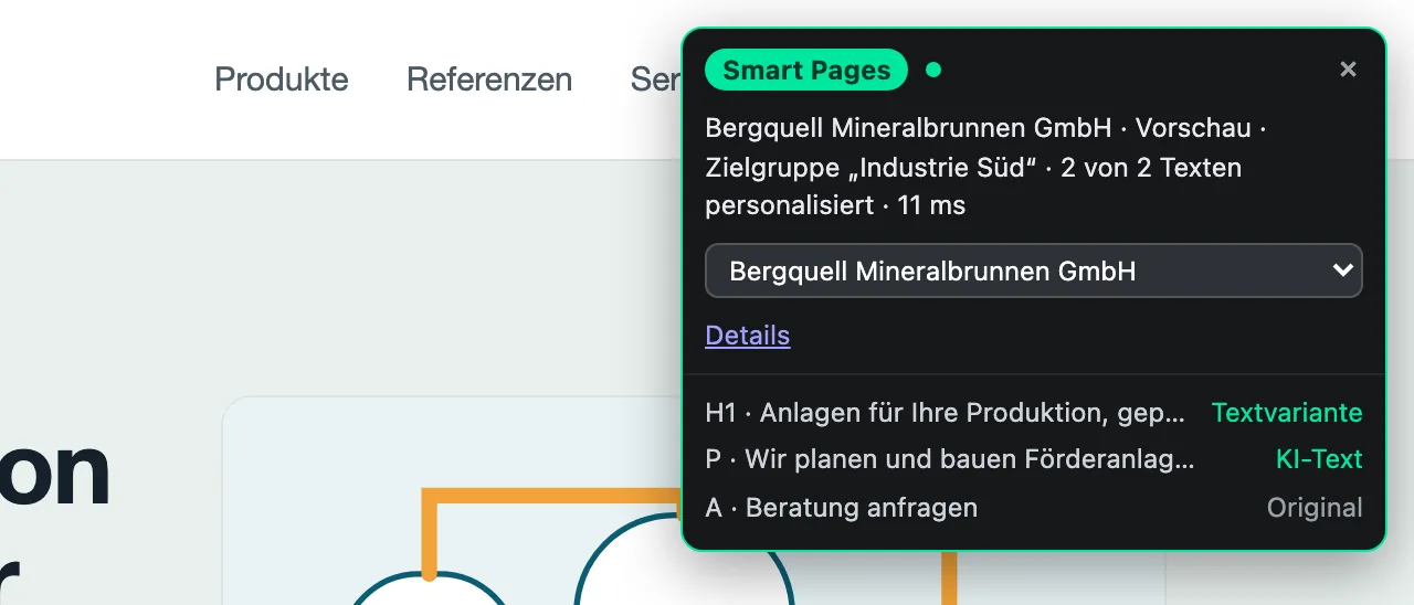 Die Testbox auf dem Test-Link mit Unternehmen, Zielgruppe und aufgeklappten Details