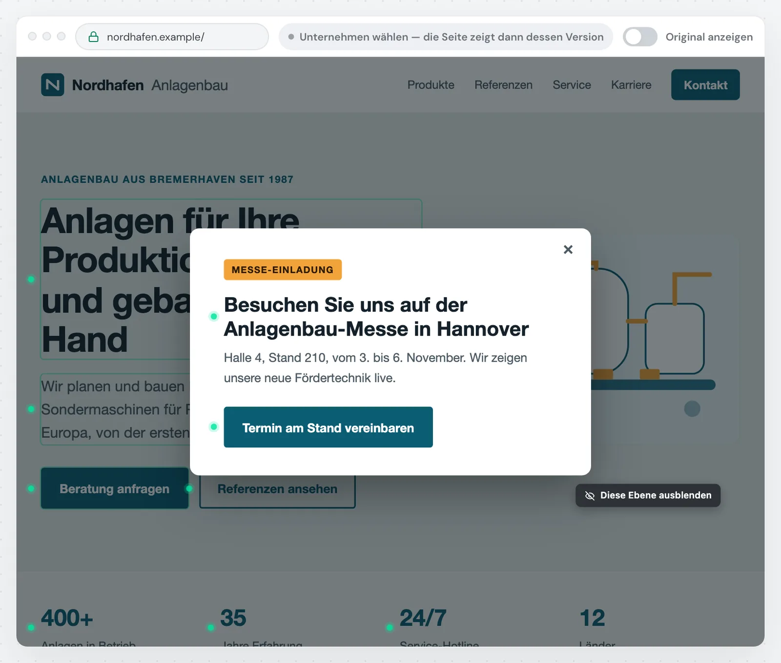 Ein Popup in der Kopie mit der Schaltfläche Diese Ebene ausblenden