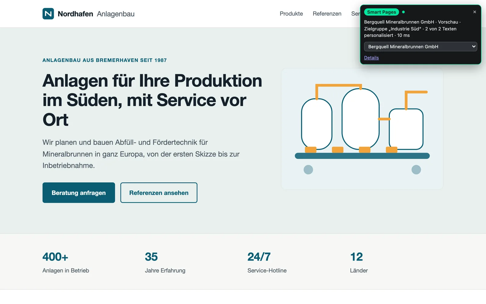 Die Seite von Nordhafen Anlagenbau mit den Texten für Bergquell Mineralbrunnen und der eingeklappten Testbox