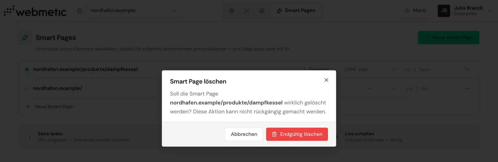 Der Dialog Smart Page löschen über der Liste der Smart Pages