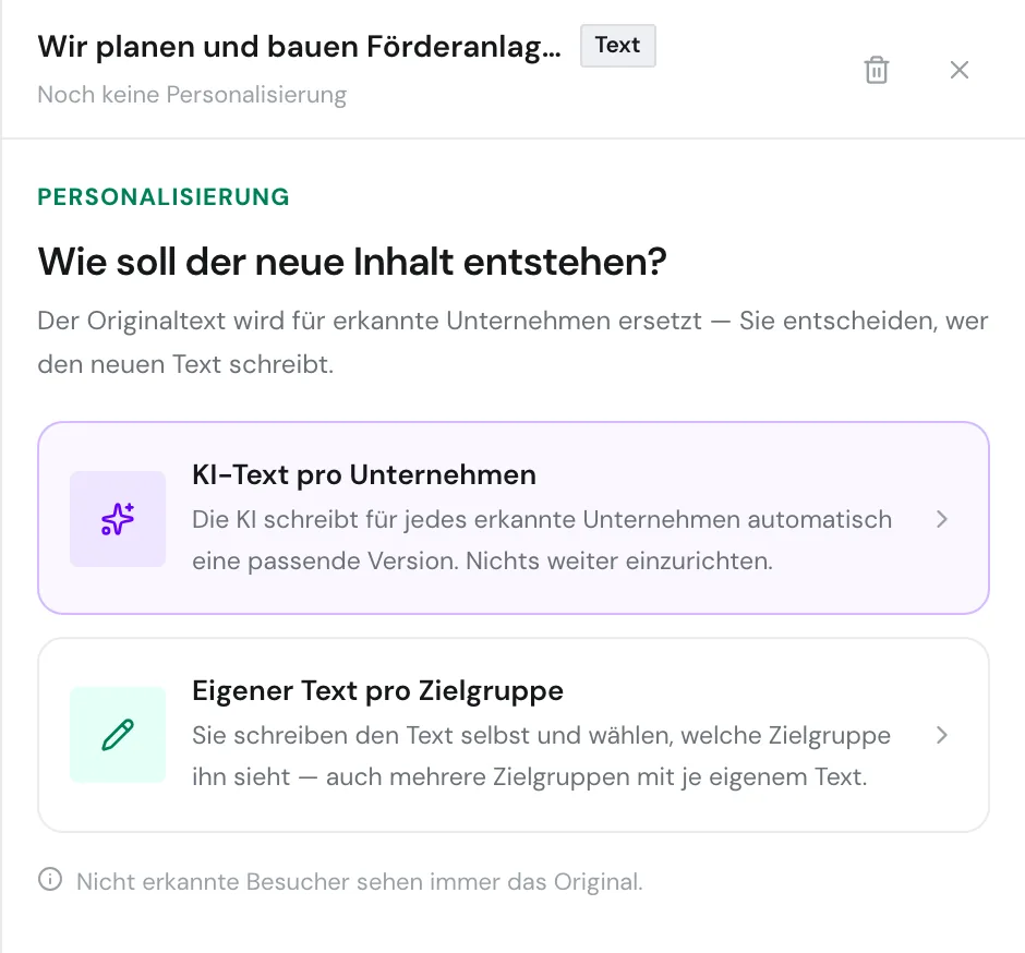 Die Seitenleiste mit den Methoden KI-Text pro Unternehmen und Eigener Text pro Zielgruppe