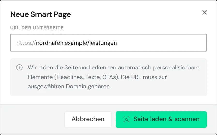 Der Dialog Neue Smart Page mit ausgefüllter URL der Unterseite