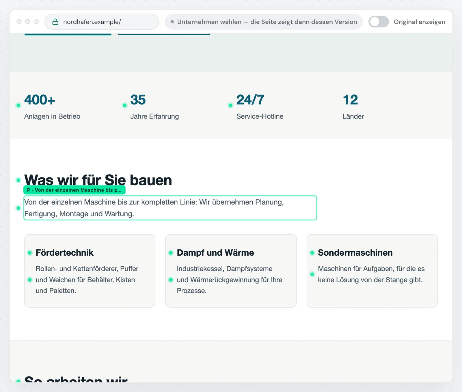 Der Editor beim Zeigen auf einen Absatz, mit Rahmen und Schild