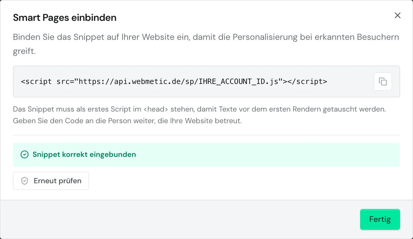 Der Dialog Smart Pages einbinden mit dem Smart-Pages-Code und der Meldung Snippet korrekt eingebunden
