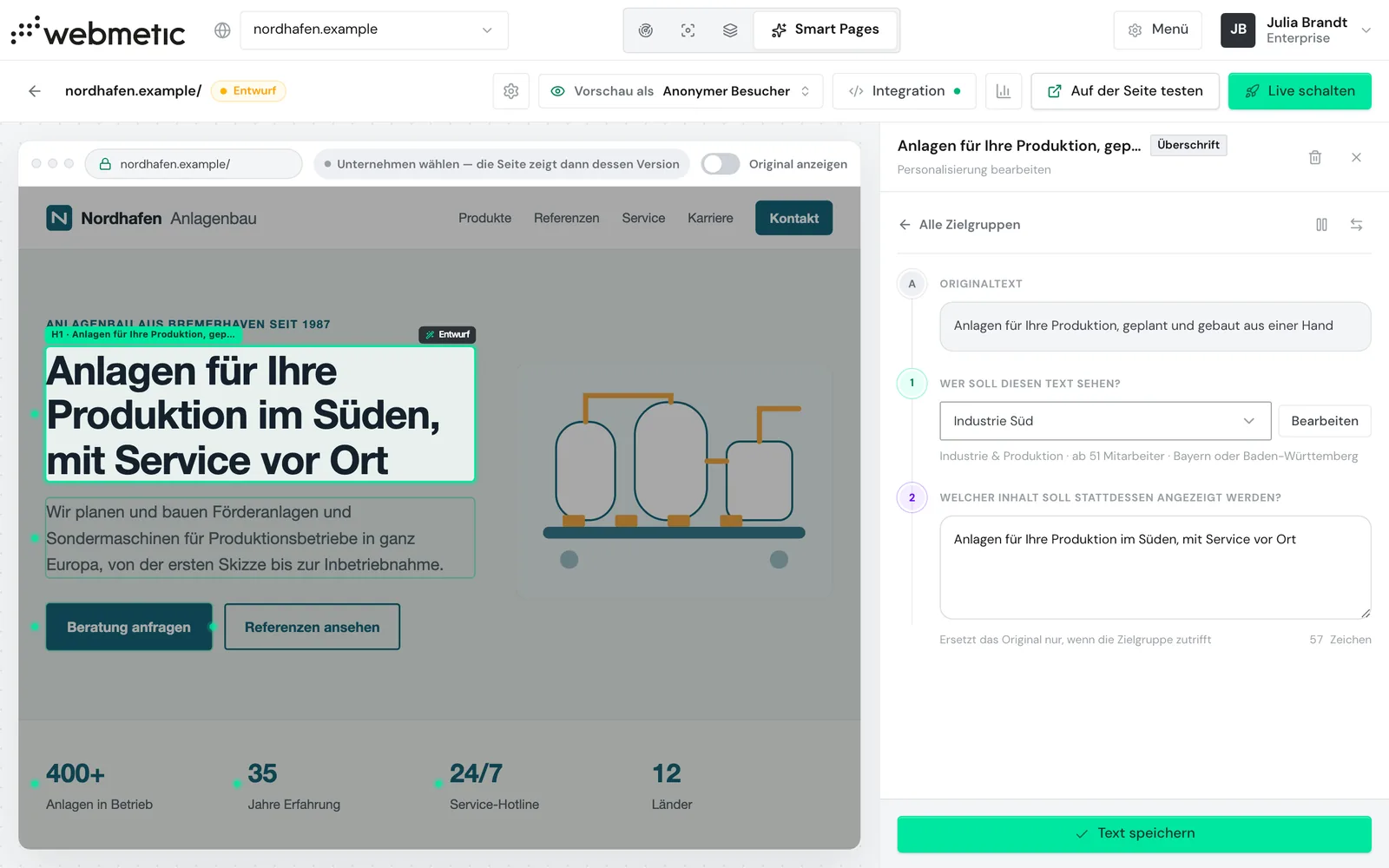 Die Seitenleiste des Editors mit gewählter Zielgruppe und ihrem eigenen Text