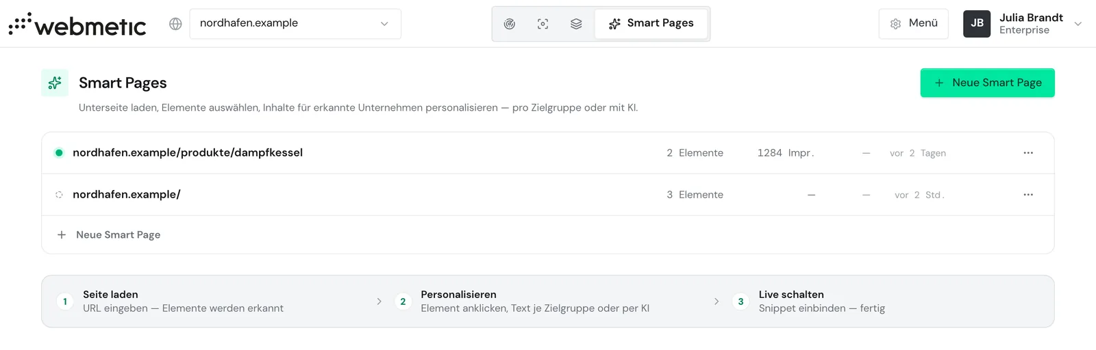 Die Liste der Smart Pages mit einer live geschalteten Seite und einem Entwurf