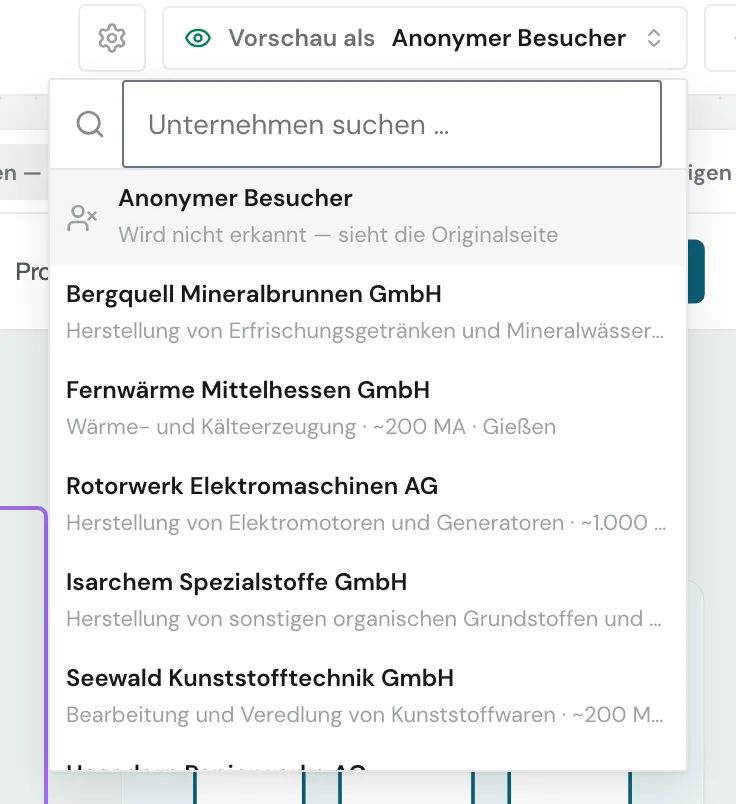 Die geöffnete Liste Vorschau als mit Unternehmen, die die Website besucht haben