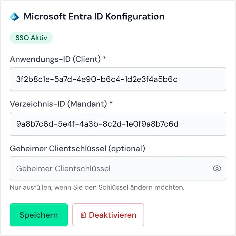 Das Fenster SSO Einstellungen mit gespeicherter Konfiguration und dem Status SSO Aktiv