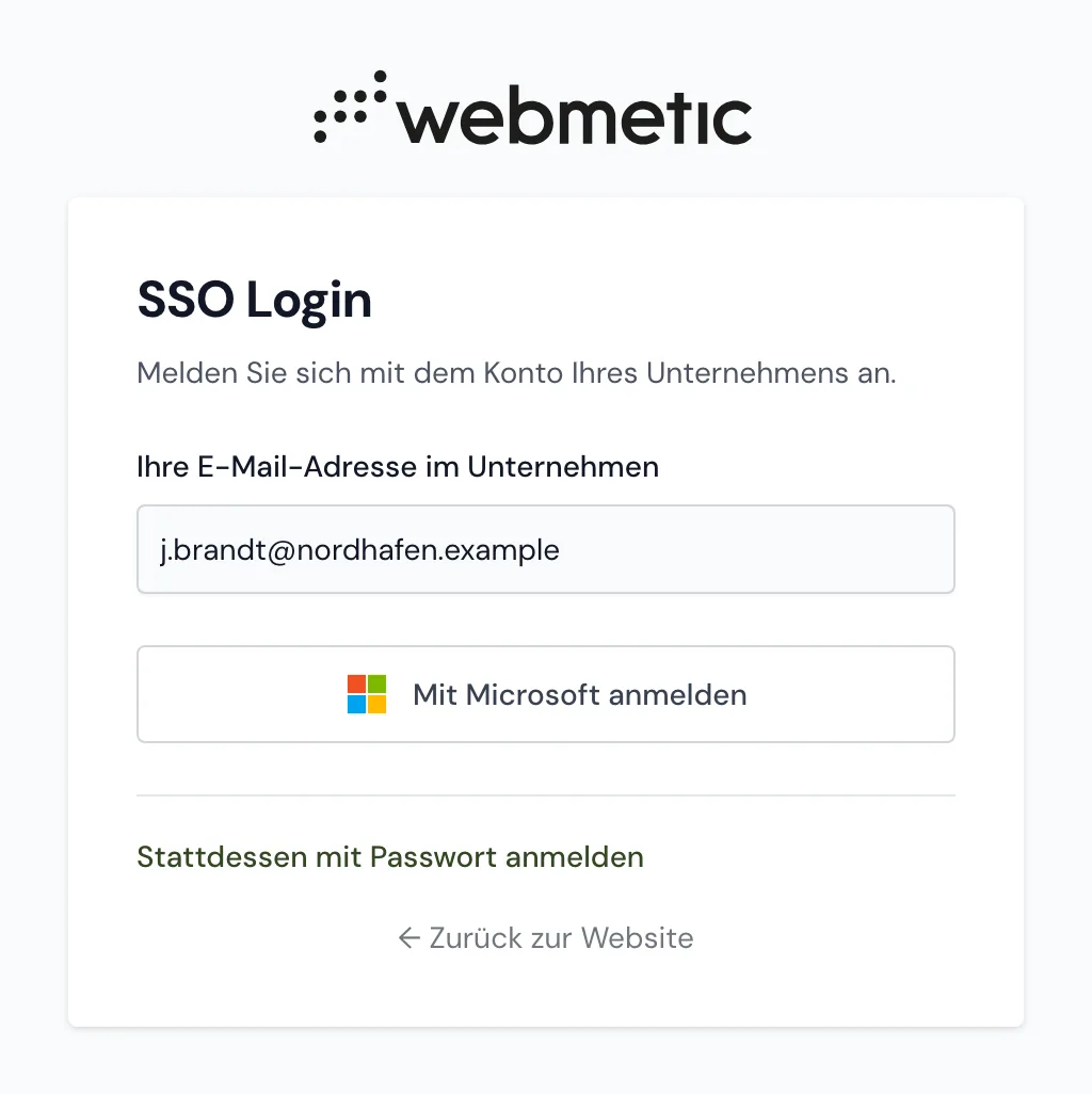 Die Seite SSO Login mit einer E-Mail-Adresse