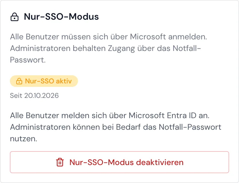 Der Bereich Nur-SSO-Modus im eingeschalteten Zustand