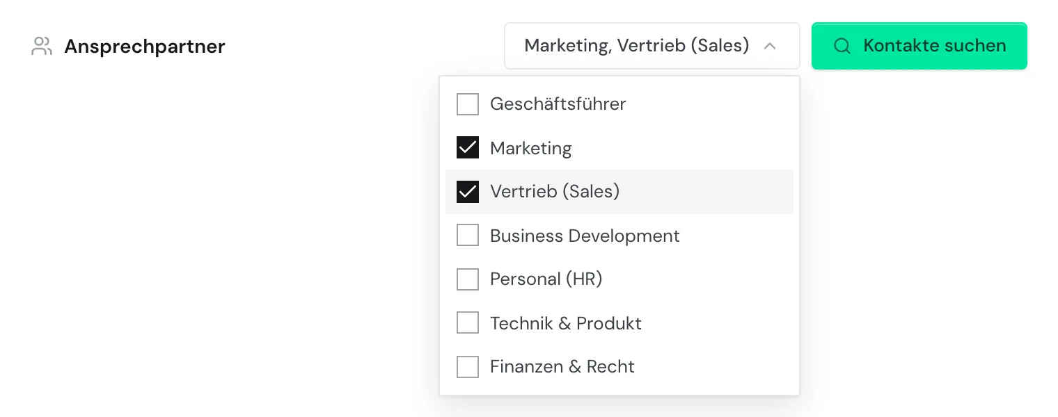 Die Abteilungsauswahl im Bereich Ansprechpartner mit Marketing und Vertrieb