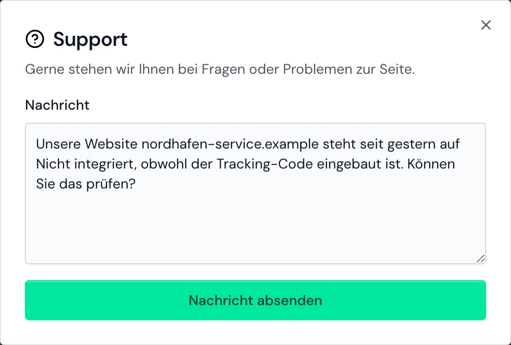 Das Fenster Support mit einer Frage im Feld Nachricht