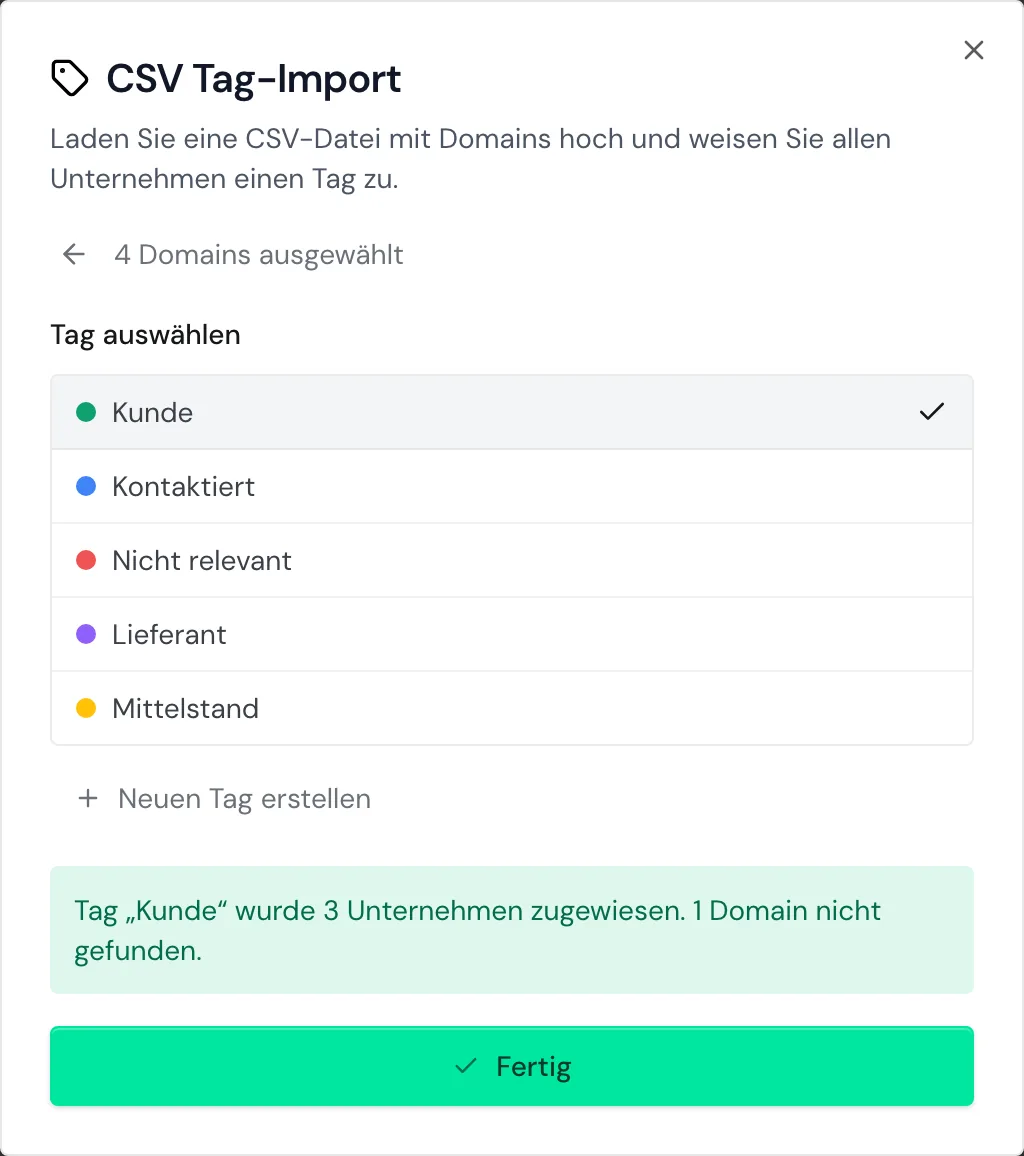 Das Ergebnis des CSV Tag-Imports mit einer nicht gefundenen Domain