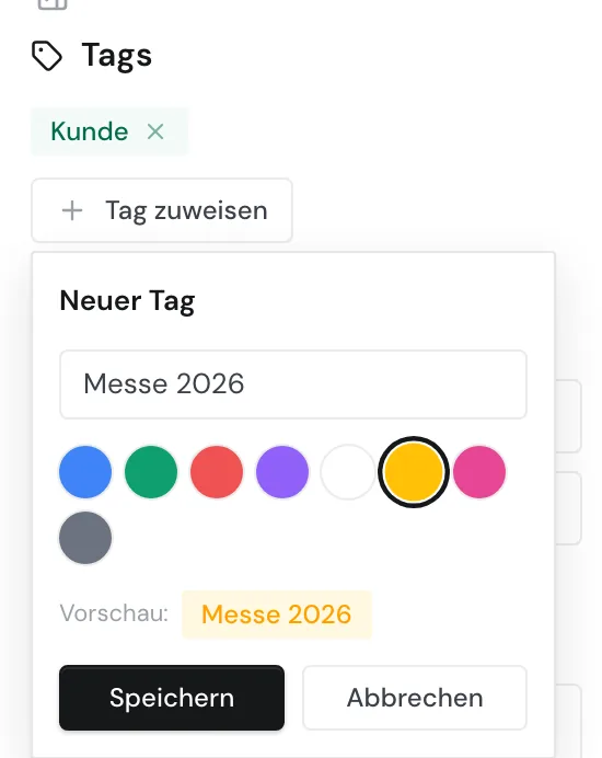 Das Formular Neuer Tag mit Name, Farbauswahl und Vorschau