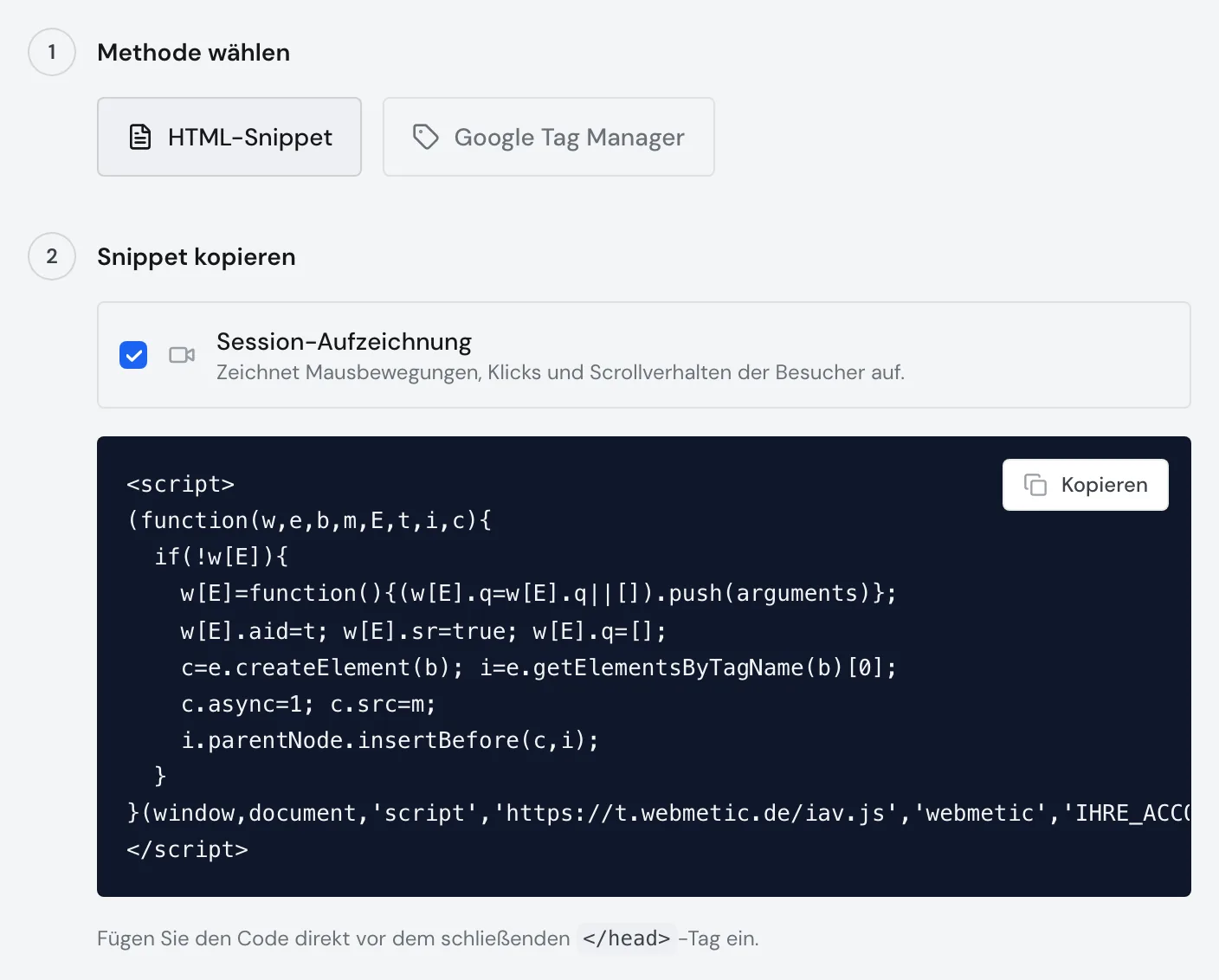 Der Tracking-Code im Dashboard mit der Schaltfläche Kopieren