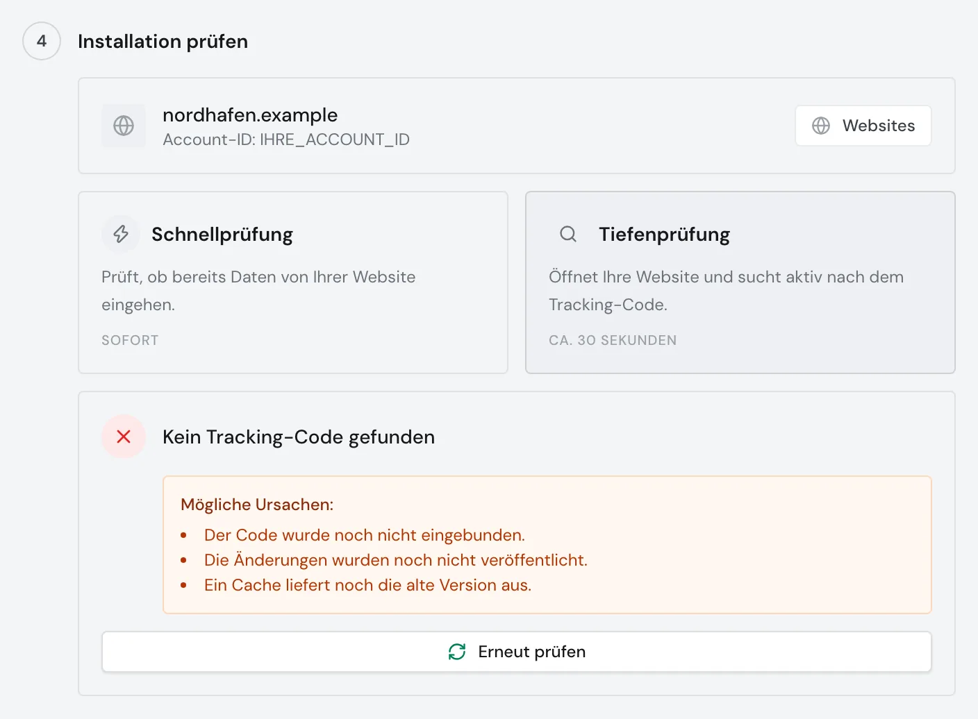 Die Tiefenprüfung mit dem Ergebnis Kein Tracking-Code gefunden