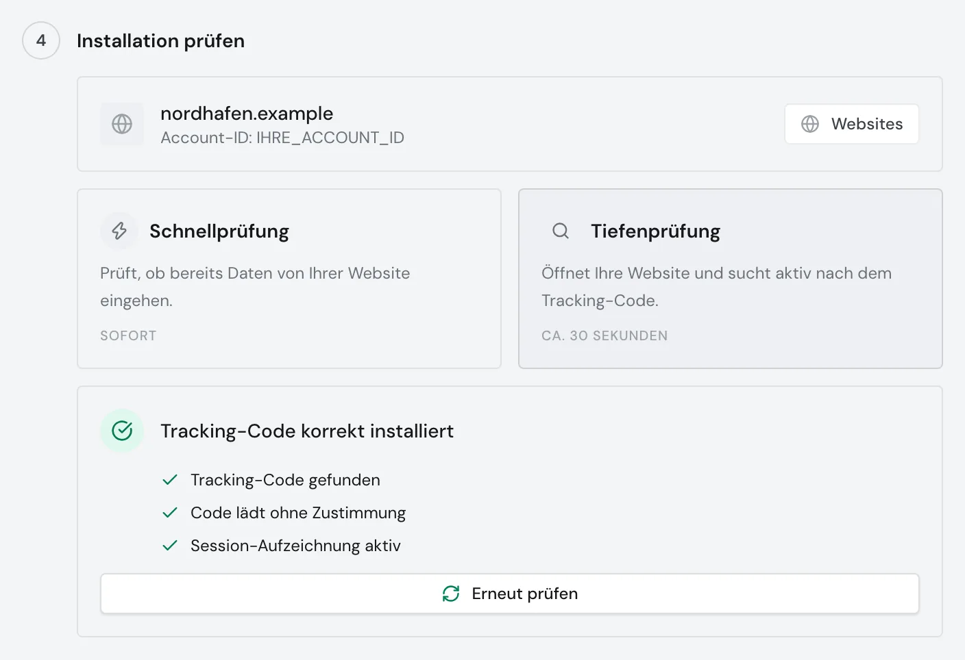 Die Tiefenprüfung mit dem Ergebnis Tracking-Code korrekt installiert