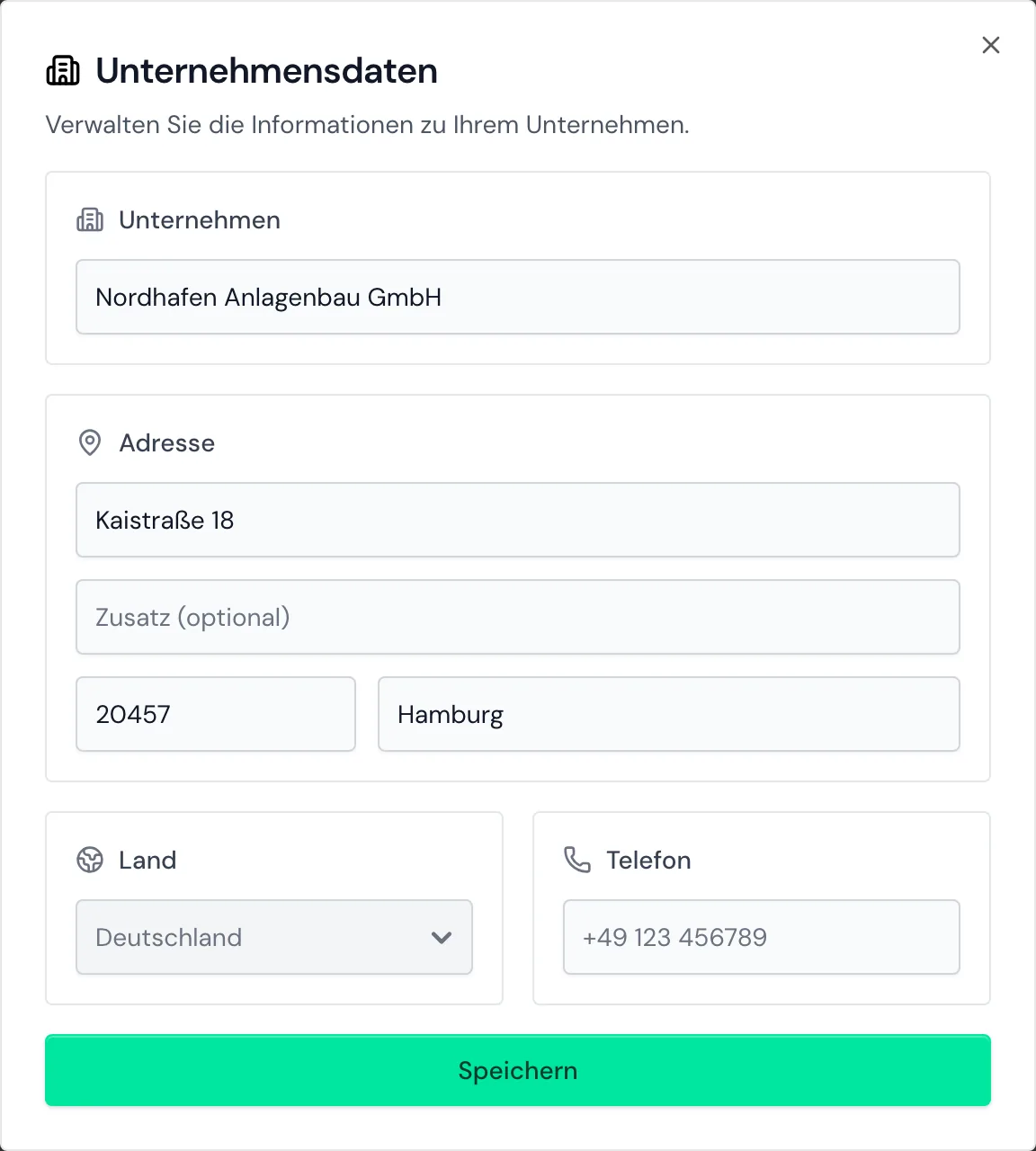 Das Fenster Unternehmensdaten mit Name, Adresse und Land von Nordhafen Anlagenbau