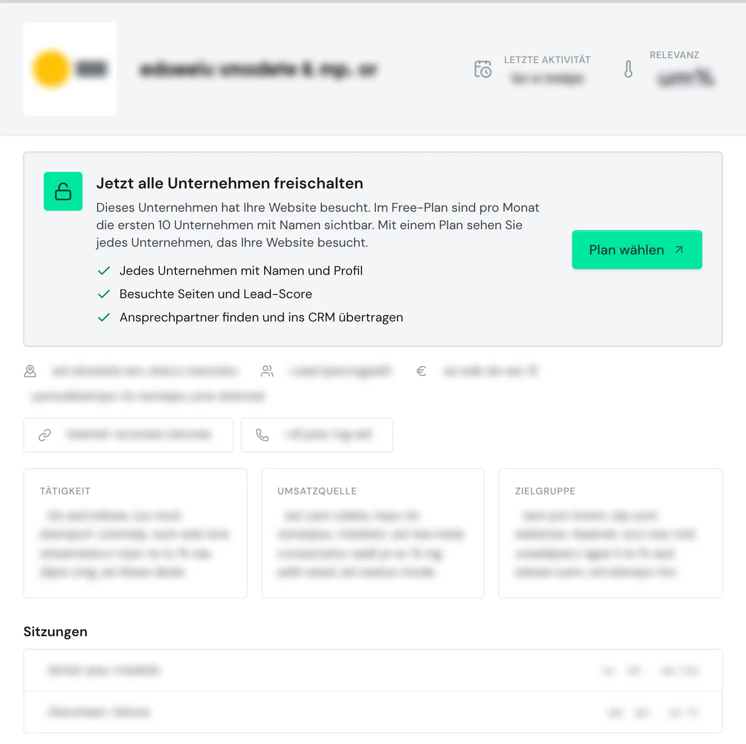 Ein verborgenes Unternehmen im Free-Plan mit dem Hinweis Jetzt alle Unternehmen freischalten