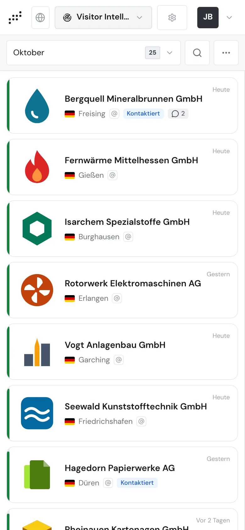Die Unternehmensliste auf dem Smartphone mit Zeitraum, Suche und Weitere Optionen