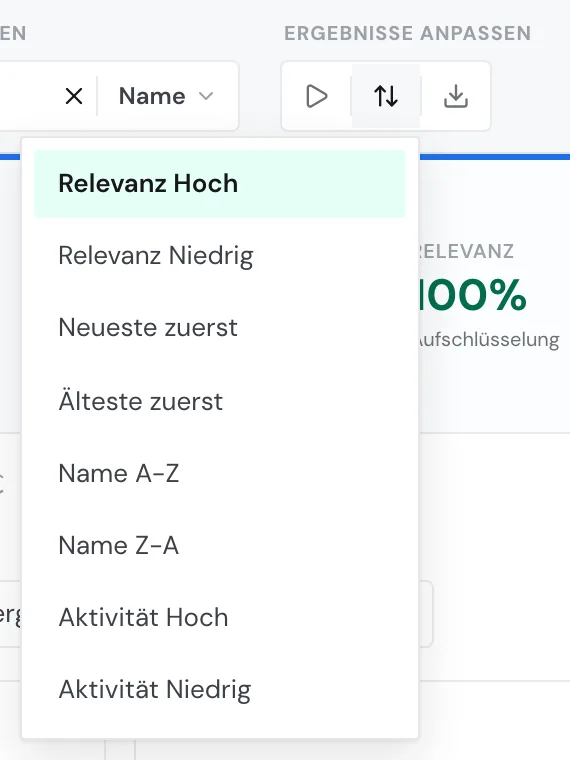 Das Sortiermenü mit acht Sortierungen und Relevanz Hoch als Standard