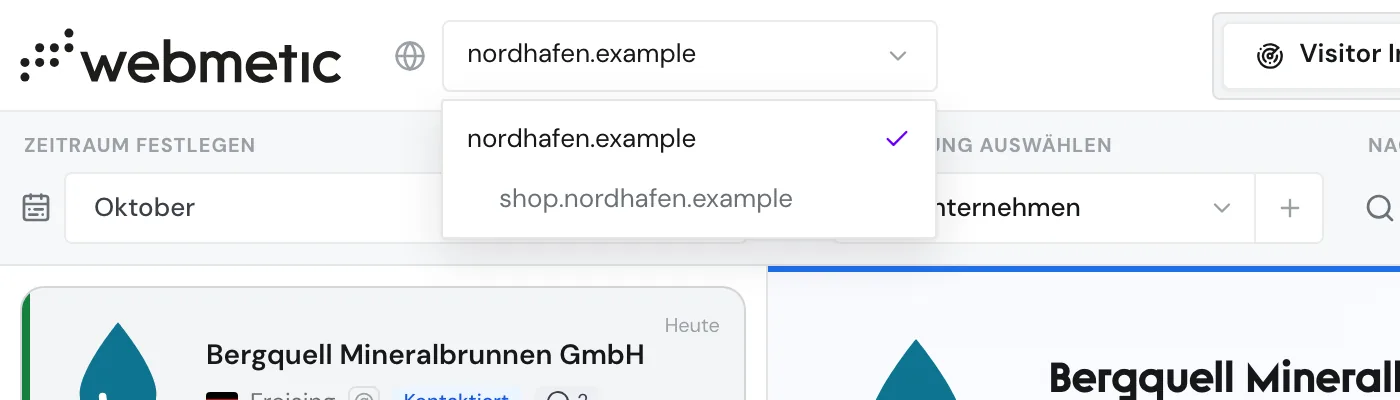 Die Website-Auswahl mit eingerückten Subdomains