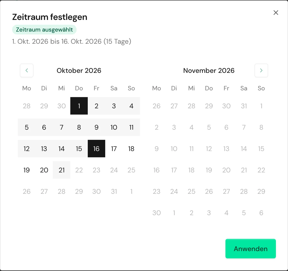 Das Fenster Zeitraum festlegen mit einem gewählten Zeitraum