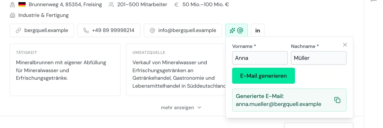 Der E-Mail-Generator mit Vorname, Nachname und der generierten Adresse