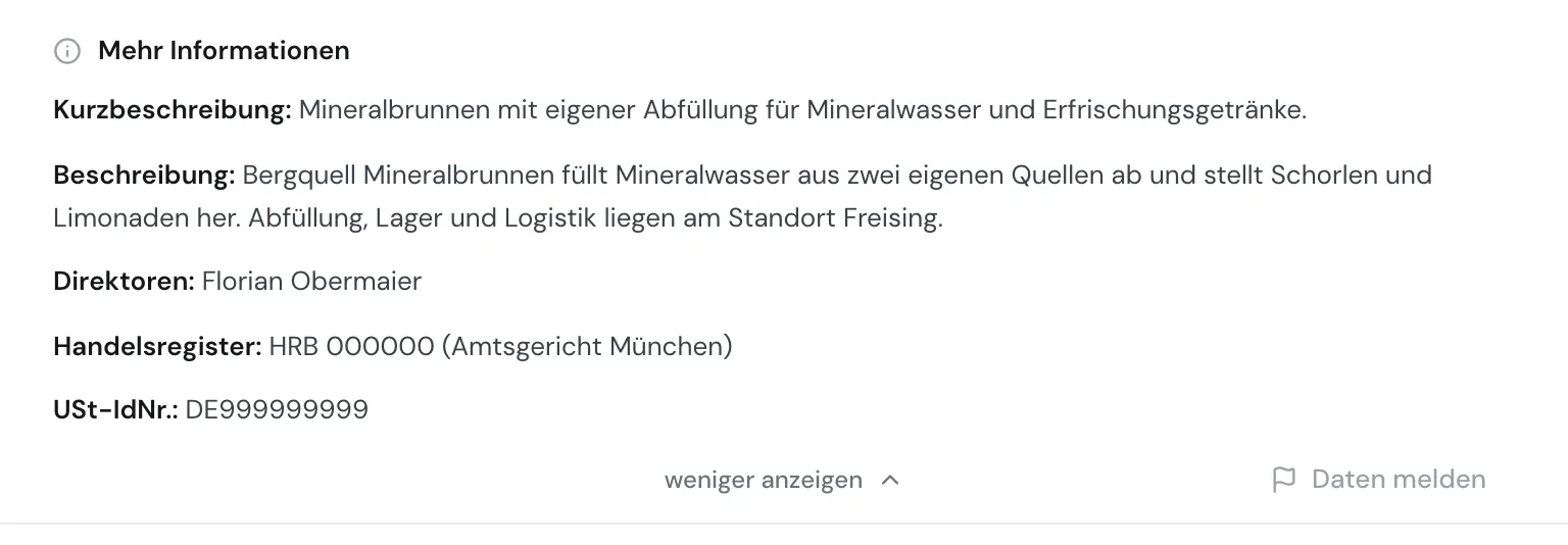 Der aufgeklappte Bereich Mehr Informationen mit Handelsregister, USt-IdNr. und der Schaltfläche Daten melden