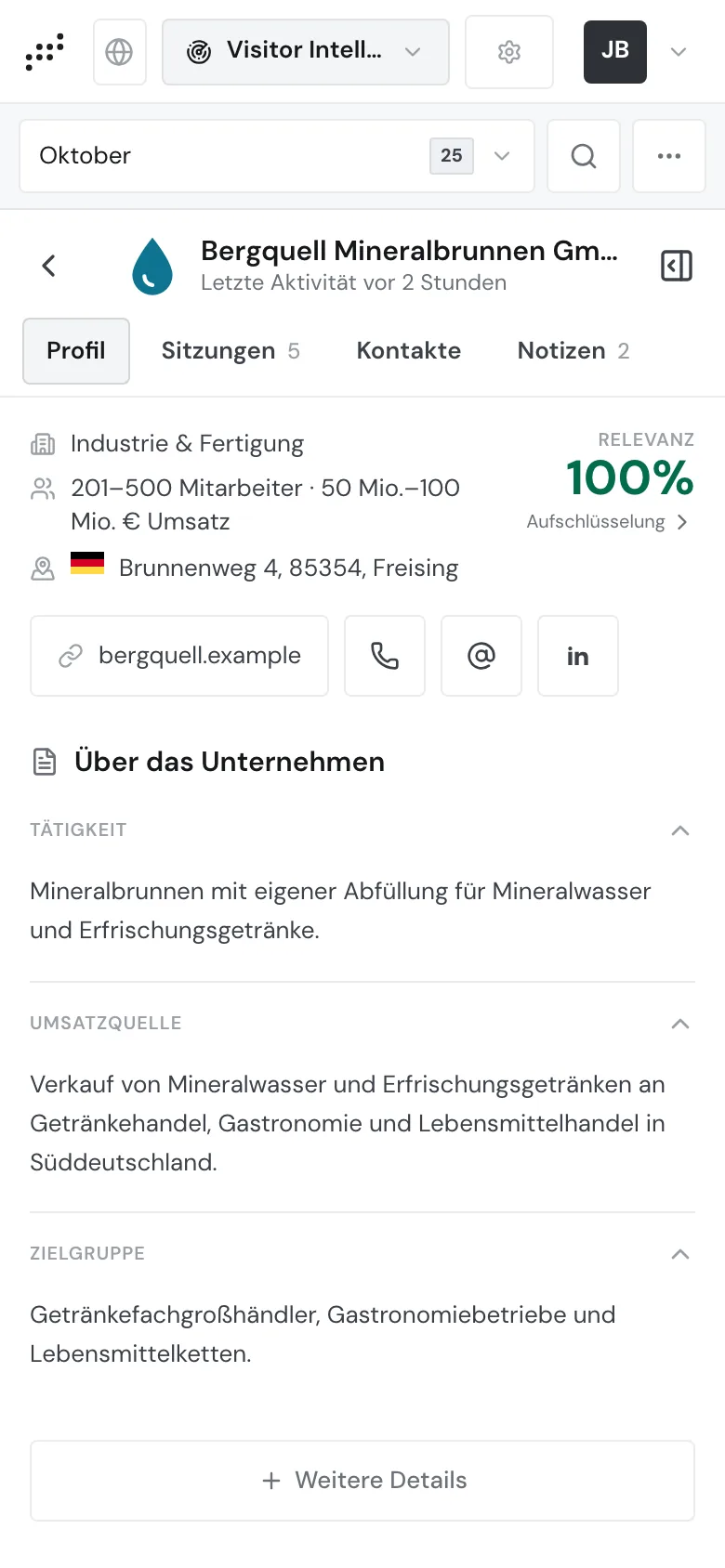 Das Profil auf dem Smartphone mit den Tabs Profil, Sitzungen, Kontakte und Notizen