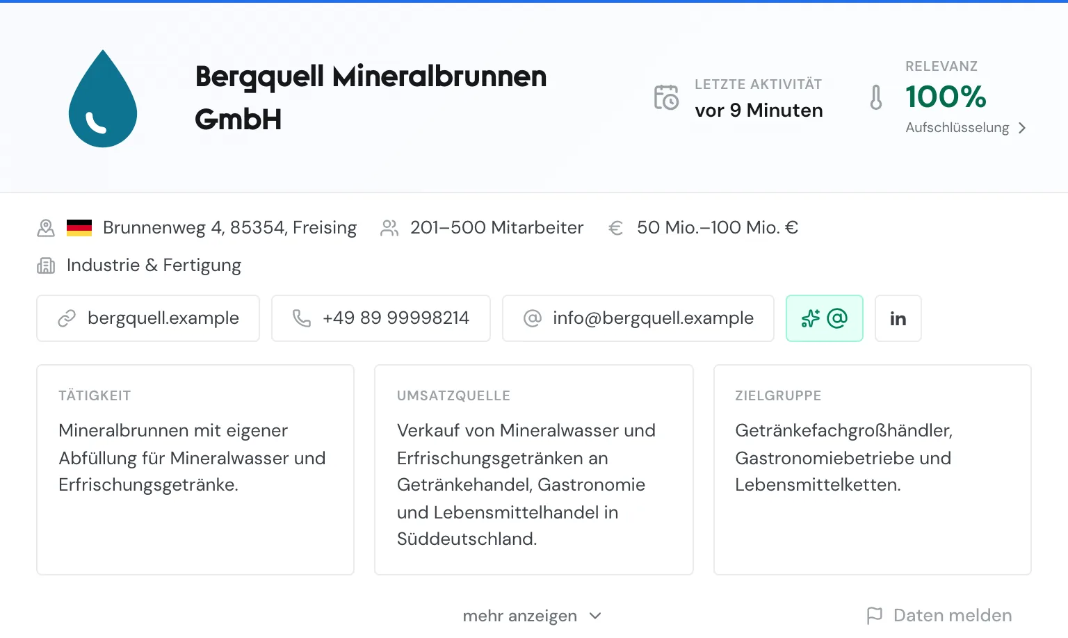 Das Profil von Bergquell Mineralbrunnen mit Kopfzeile, Unternehmensdaten, Kontaktwegen und den drei Beschreibungen