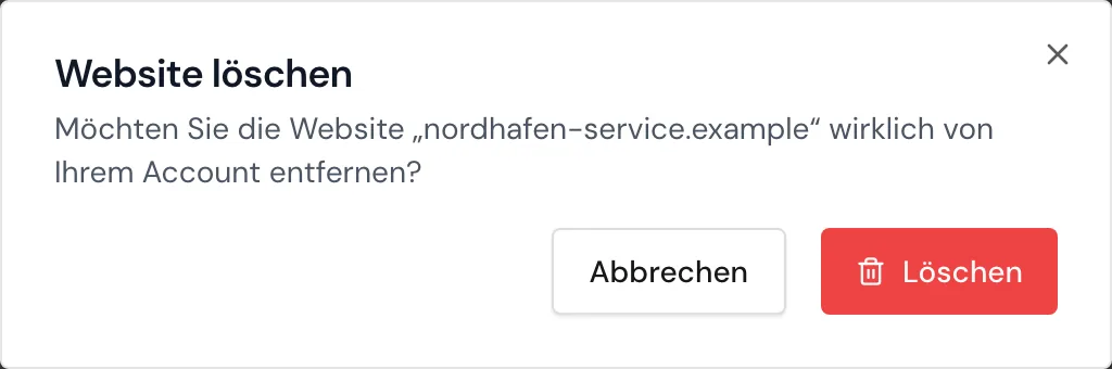 Das Fenster Website löschen vor der Bestätigung