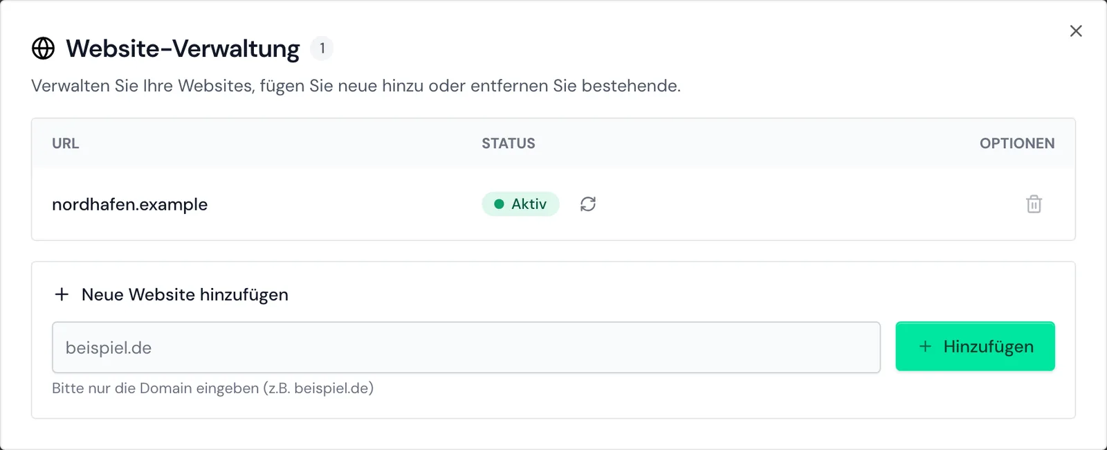 Die Website-Verwaltung mit dem Status Aktiv