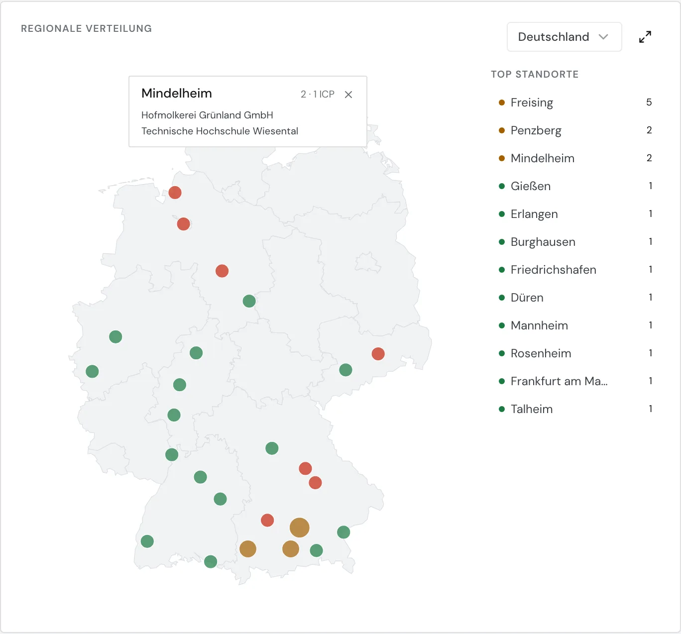 Regionale Verteilung in der Ansicht Deutschland mit einem angehefteten Standort und der Liste Top Standorte