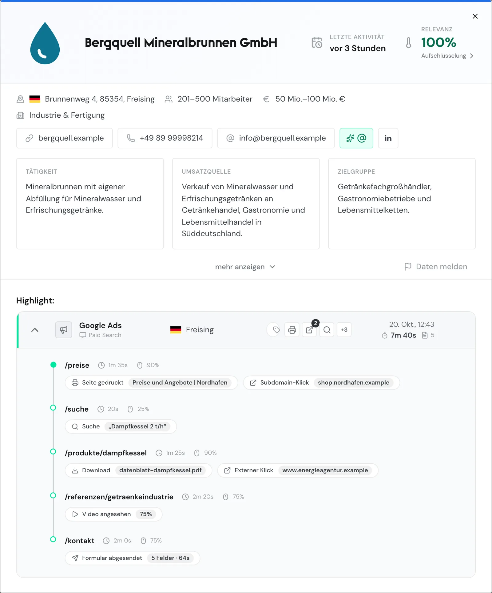 Das Unternehmensfenster von Bergquell Mineralbrunnen mit Profil und hervorgehobener Session