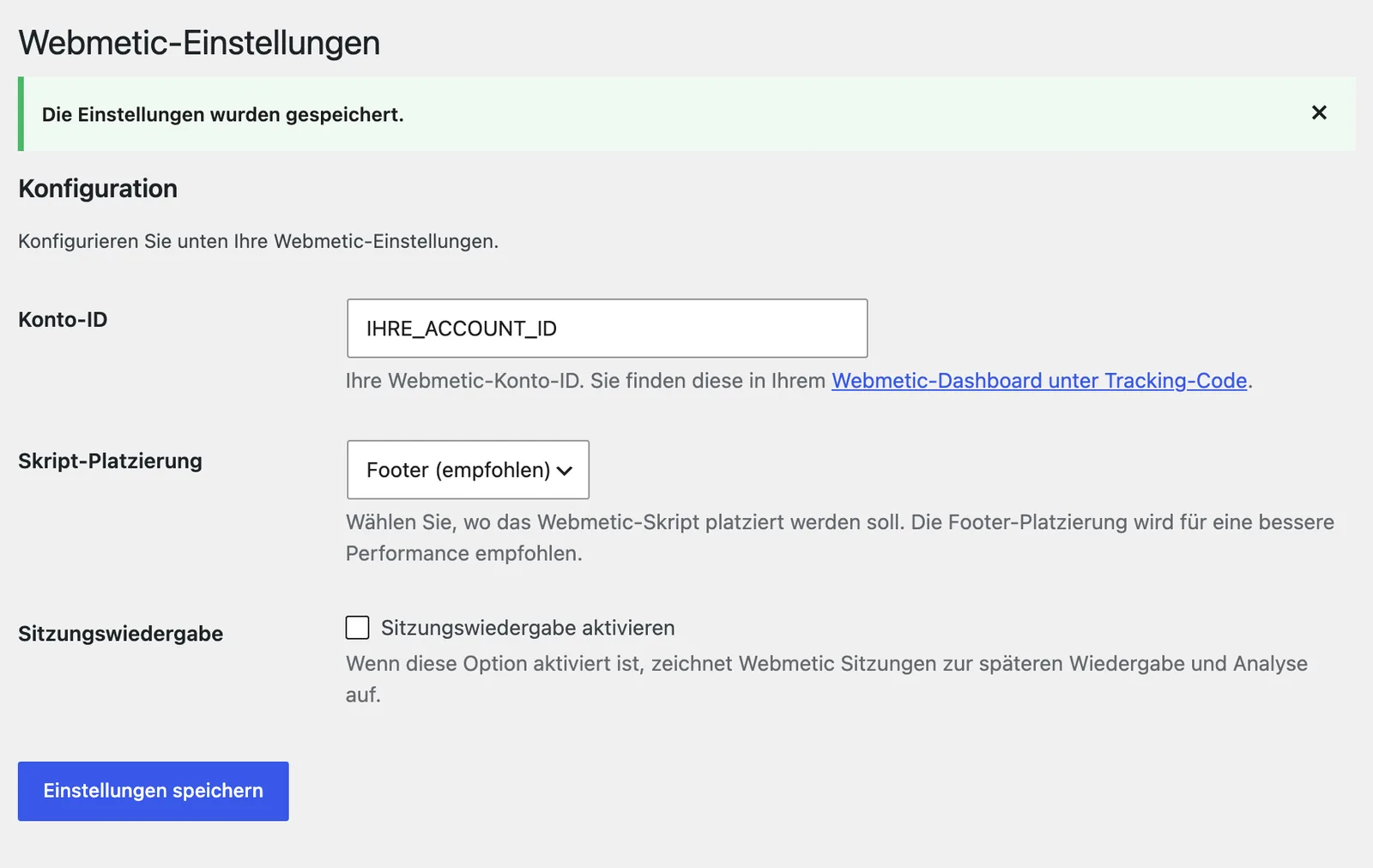 Die Webmetic-Einstellungen in WordPress mit Konto-ID, Skript-Platzierung und der Bestätigung nach dem Speichern
