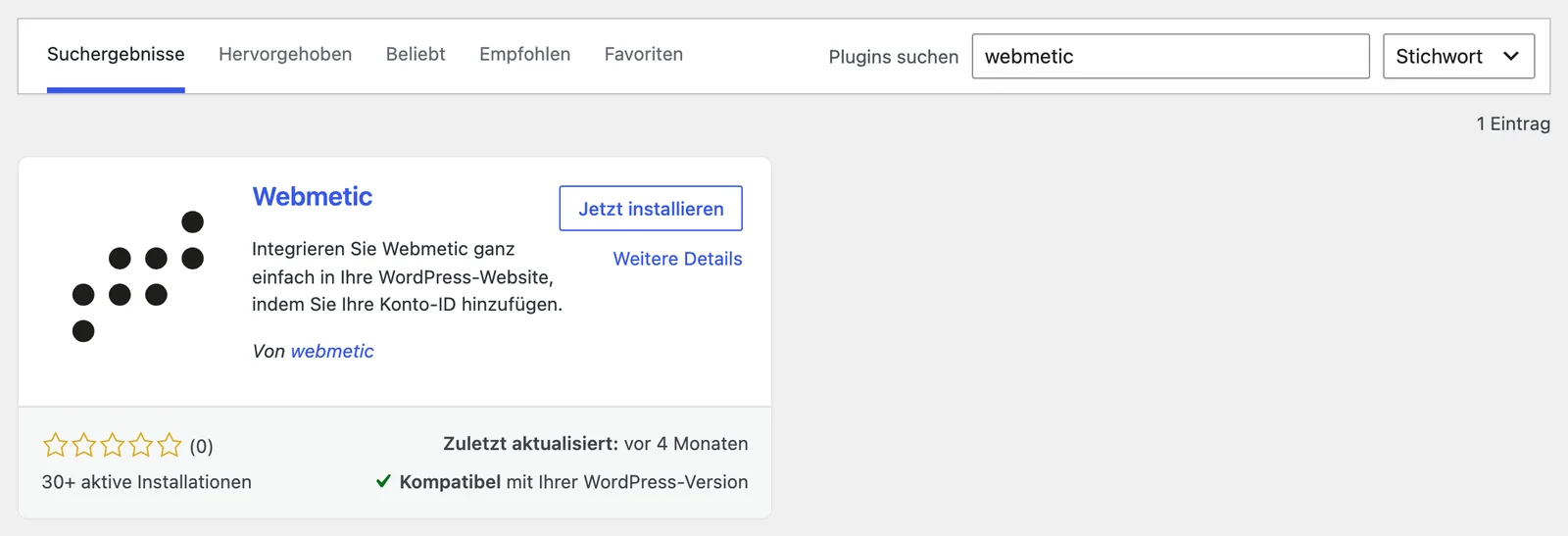 Die Pluginsuche in WordPress mit der Karte Webmetic und der Schaltfläche Jetzt installieren