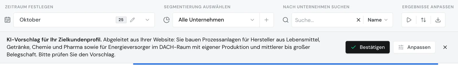 Der Hinweis zum KI-Vorschlag über der Liste mit den Schaltflächen Bestätigen und Anpassen