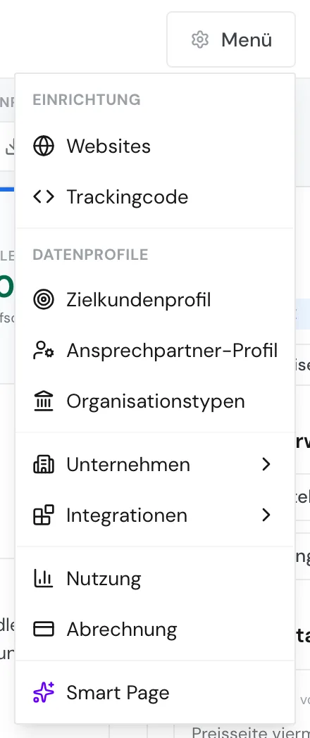 Das geöffnete Menü mit dem Abschnitt Datenprofile und dem Eintrag Zielkundenprofil
