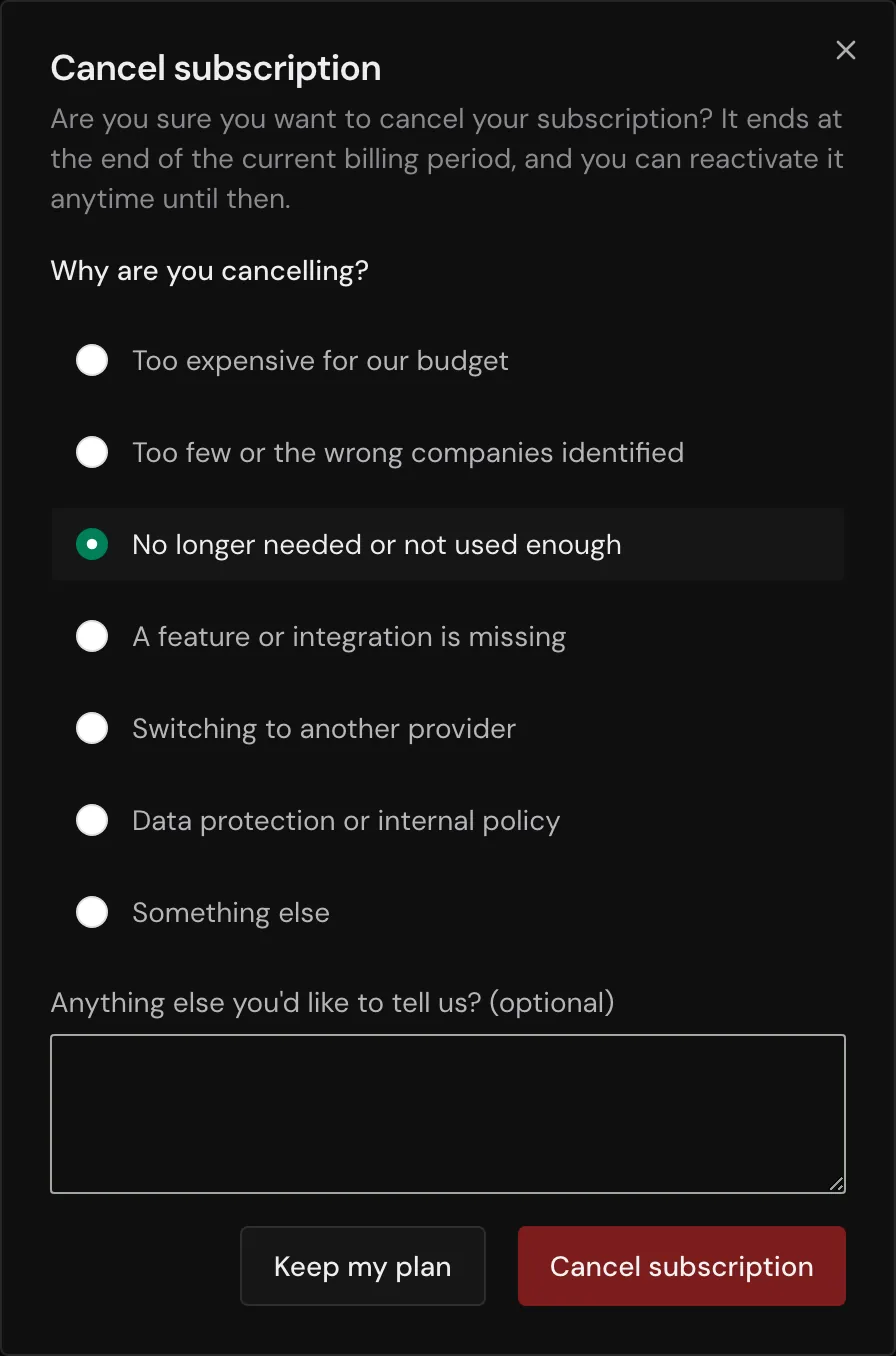 The Cancel subscription window with a reason selected