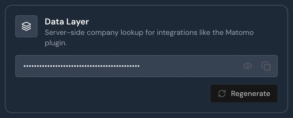The Data Layer card in the API keys window with the key masked