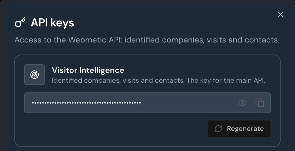 The API keys window with the Visitor Intelligence card and a masked key