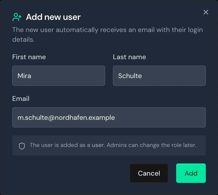 The Add new user window with first name, last name, and email