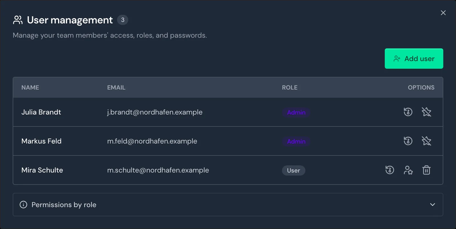 The User management window with two admins and one person with the User role