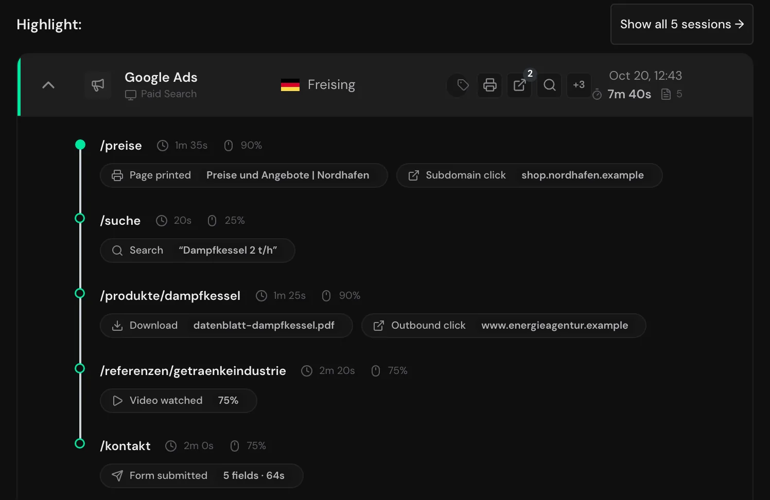 The Bergquell Mineralbrunnen profile with the highlight and the Show all 5 sessions button