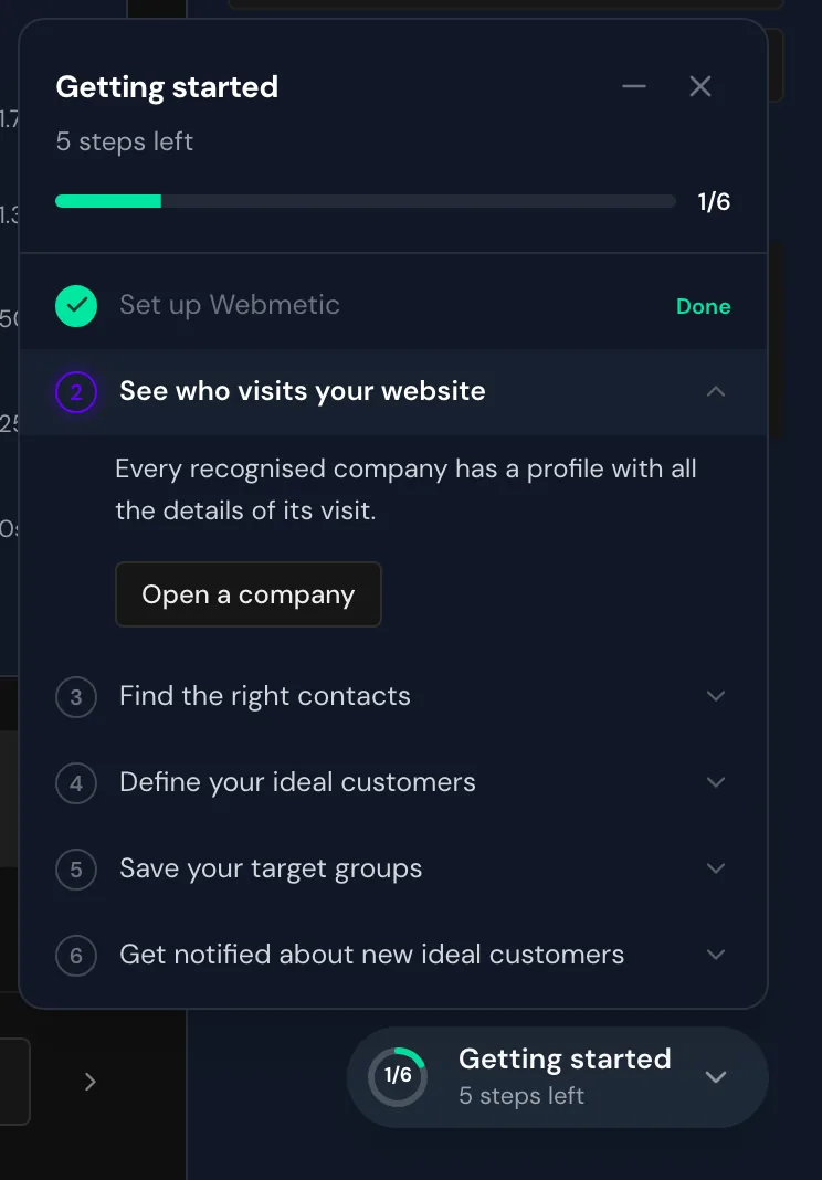The Getting started checklist with six steps, one of them done