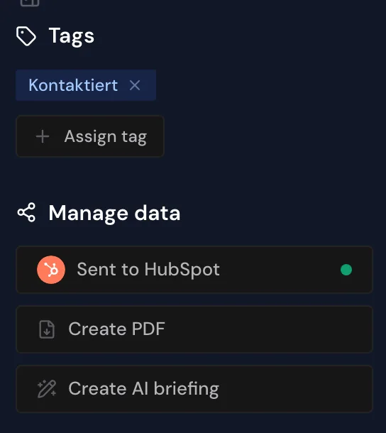 The Sent to HubSpot button with a green dot