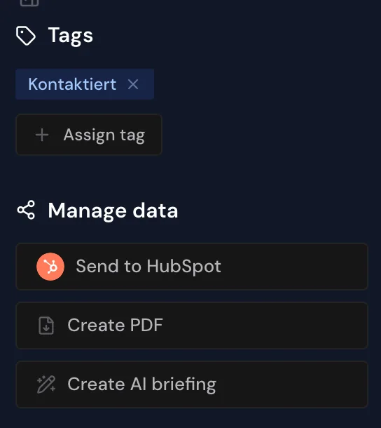 The sidebar with the Tags and Manage data sections and the buttons Send to HubSpot, Create PDF, and Create AI briefing