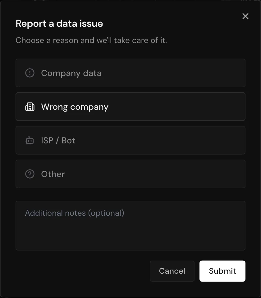 The Report a data issue window with the four reasons